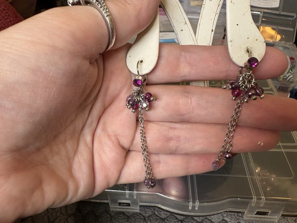Purple Beaded Cluster Chain Tassel Leverback Dangle Earrings Silver Tone